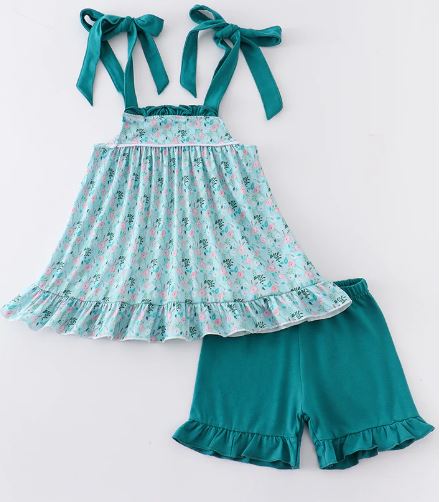 Green Floral Print Outfit Set