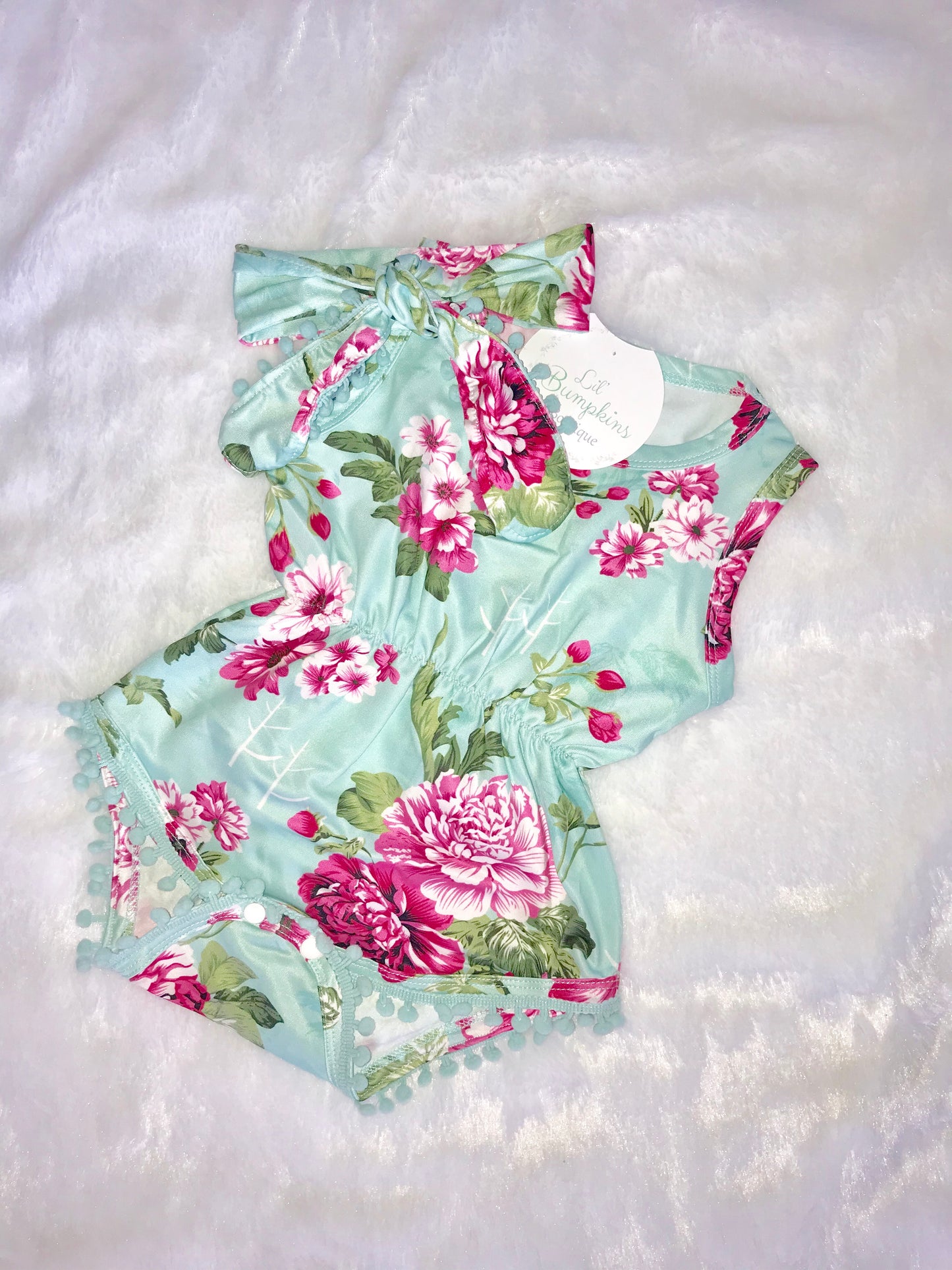 Mint Floral Pom Pom Romper