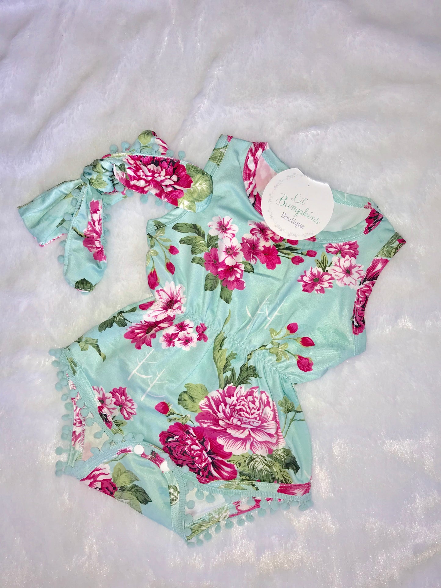 Mint Floral Pom Pom Romper