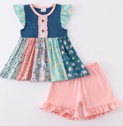 Navy Floral Print Ruffle Shorts Set
